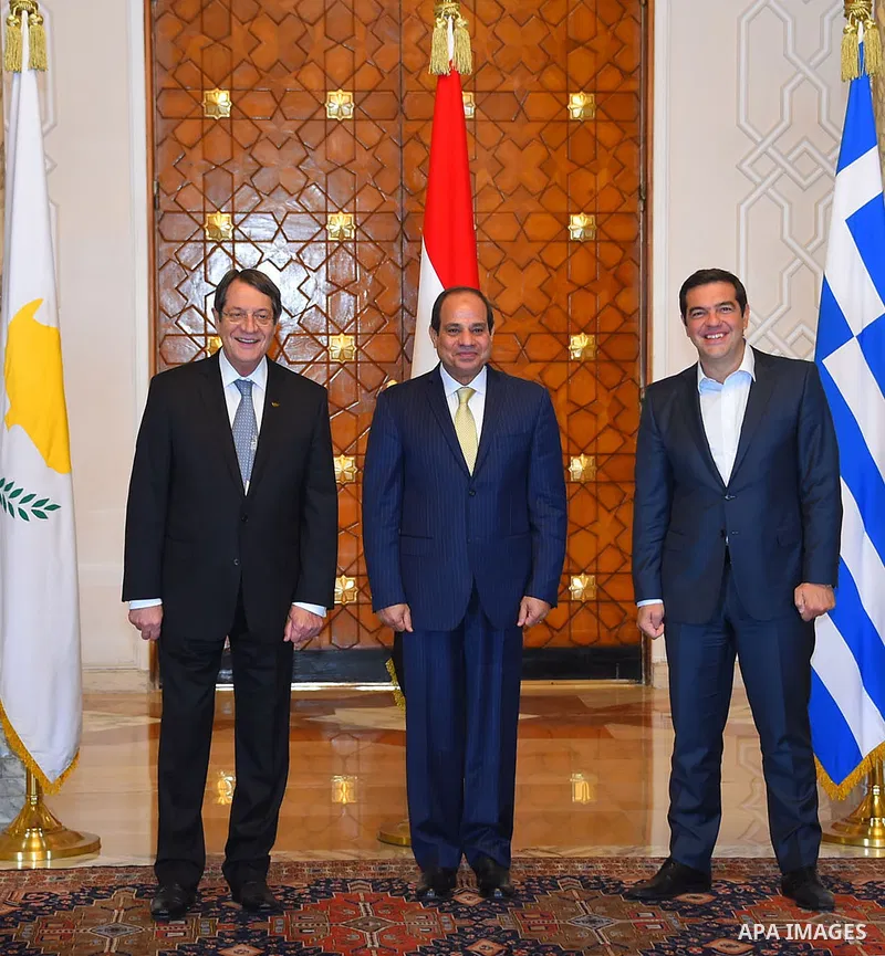 Egypt's President Abdel Fattah al-Sisi meets with Greek Prime Minister Alexis Tsipras and Cyprus' President Nicos Anastasiades at the El-Thadiya presidential palace in Cairo, Egypt, October 11, 2016. Photo by Egyptian Pr...