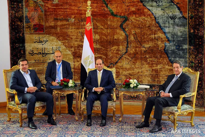 Egypt's President Abdel Fattah al-Sisi meets with Greek Prime Minister Alexis Tsipras and Cyprus' President Nicos Anastasiades in Cairo, Egypt, October 11, 2016. Photo by Egyptian President Office