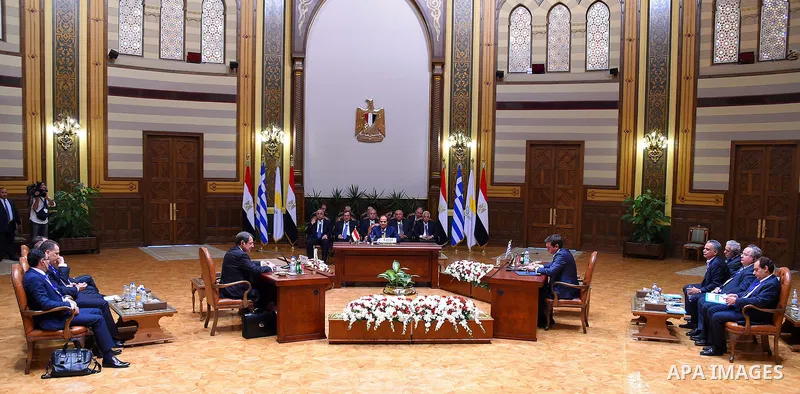 Egypt's President Abdel Fattah al-Sisi meets with Greek Prime Minister Alexis Tsipras and Cyprus' President Nicos Anastasiades in Cairo, Egypt, October 11, 2016. Photo by Egyptian President Office