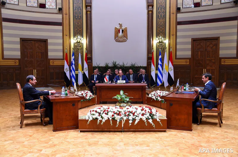 Egypt's President Abdel Fattah al-Sisi meets with Greek Prime Minister Alexis Tsipras and Cyprus' President Nicos Anastasiades in Cairo, Egypt, October 11, 2016. Photo by Egyptian President Office