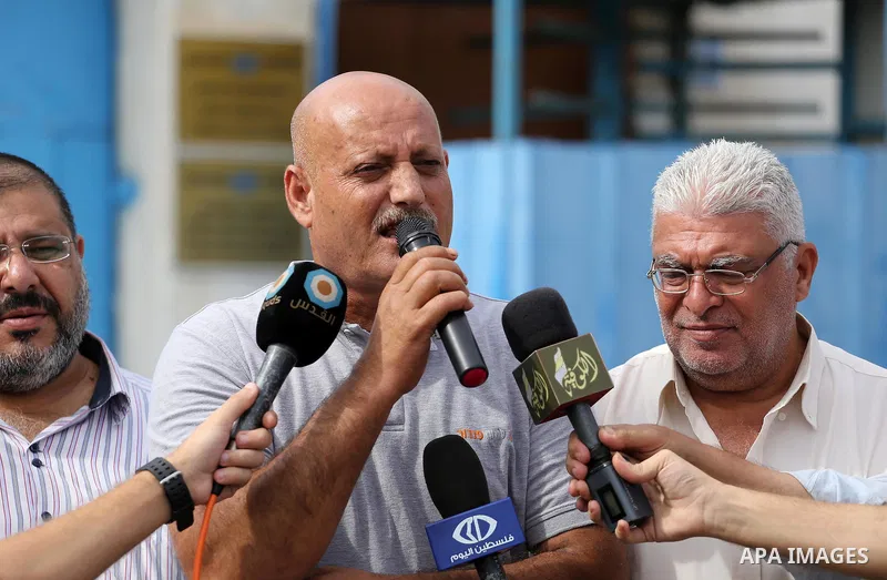 A spokesman for the Palestinian factions Mustafa Maslamani, speaks during a press conference, in front of the United Nations Special Coordinator (UNSCO) headquarters in Gaza city on October 12, 2016. Photo by Mohammed As...