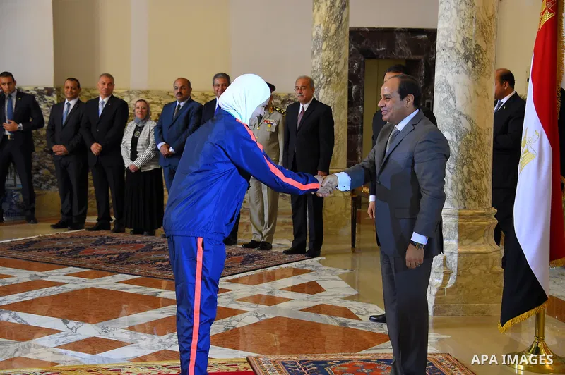 Egyptian President Abdel Fattah al-Sisi honors Egypt champions in Olympics and Paralympics athletes, in Cairo, Egypt, on Oct. 12, 2016. Photo by Egyptian President Office