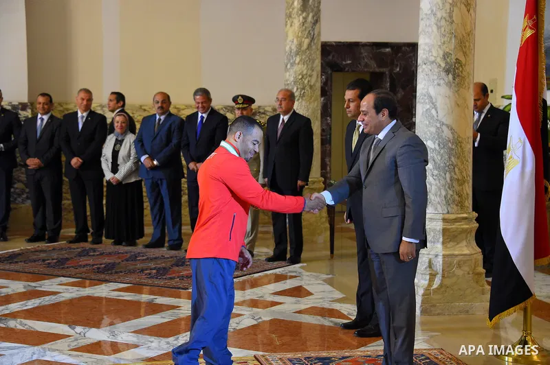 Egyptian President Abdel Fattah al-Sisi honors Egypt champions in Olympics and Paralympics athletes, in Cairo, Egypt, on Oct. 12, 2016. Photo by Egyptian President Office