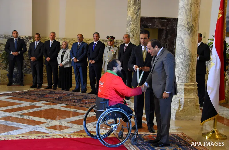 Egyptian President Abdel Fattah al-Sisi honors Egypt champions in Olympics and Paralympics athletes, in Cairo, Egypt, on Oct. 12, 2016. Photo by Egyptian President Office