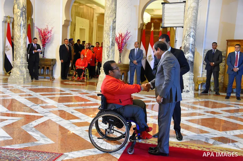 Egyptian President Abdel Fattah al-Sisi honors Egypt champions in Olympics and Paralympics athletes, in Cairo, Egypt, on Oct. 12, 2016. Photo by Egyptian President Office