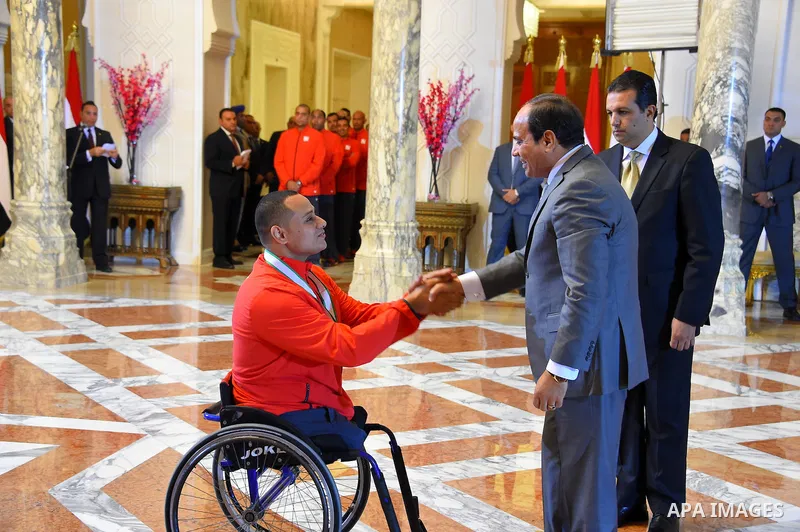 Egyptian President Abdel Fattah al-Sisi honors Egypt champions in Olympics and Paralympics athletes, in Cairo, Egypt, on Oct. 12, 2016. Photo by Egyptian President Office