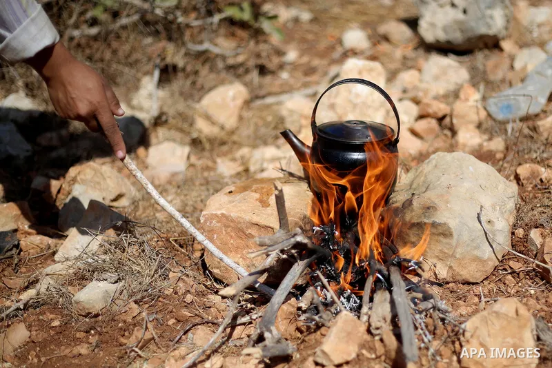 A Palestinian woman prepare a tea during a harvest season at a farm in the northern West Bank village of Beit Rima, near Ramallah on October 13, 2016. Photo by Shadi Hatem