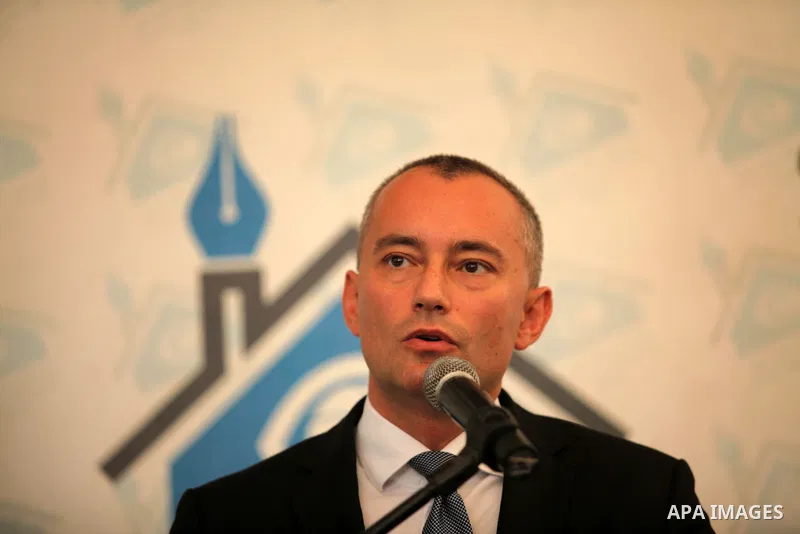 Nikolay Mladenov, United Nations Special Coordinator for the Middle East Peace Process, speaks during a press conference, in Gaza city on October 13, 2016. Photo by Ashraf Amra