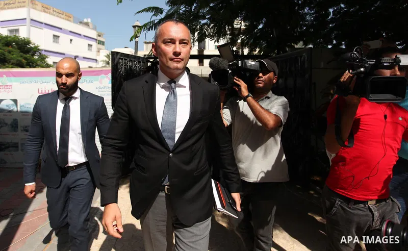 Nikolay Mladenov, United Nations Special Coordinator for the Middle East Peace Process, attends a press conference, in Gaza city on October 13, 2016. Photo by Ashraf Amra