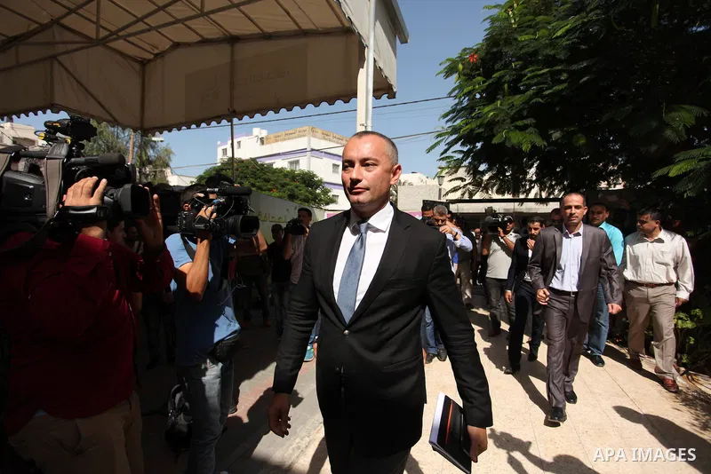 Nikolay Mladenov, United Nations Special Coordinator for the Middle East Peace Process, attends a press conference, in Gaza city on October 13, 2016. Photo by Ashraf Amra