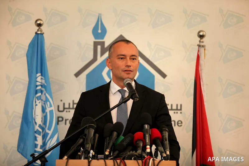 Nikolay Mladenov, United Nations Special Coordinator for the Middle East Peace Process, speaks during a press conference, in Gaza city on October 13, 2016. Photo by Ashraf Amra