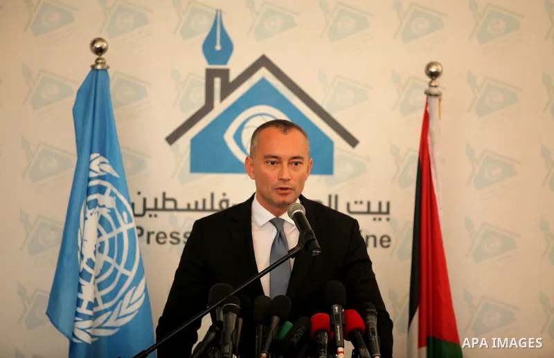 Nikolay Mladenov, United Nations Special Coordinator for the Middle East Peace Process, speaks during a press conference, in Gaza city on October 13, 2016. Photo by Ashraf Amra