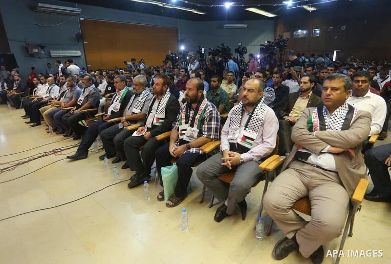 Senior Hamas leaders attend the festival in support of Jerusalem in Gaza city, on October 24, 2016. Photo by Mohammed Asad
