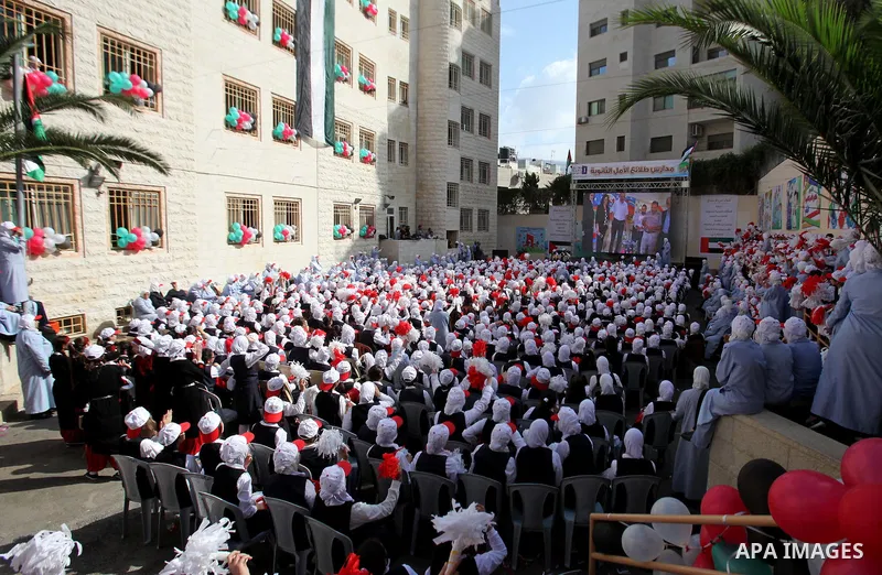 Palestinian students celebrate after winning the Best School Competition "challenge the Arab reading" of the more than 30 thousand schools in the Arab world, in the West Bank city of Nablus, on October 24, 2016. Photo by...