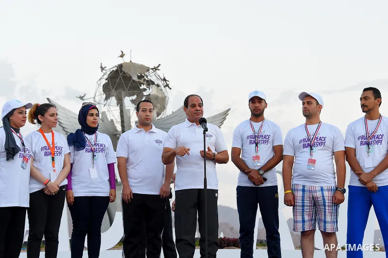 Egyptian President Abdel Fattah al-Sisi speaks during the Peace marathon in the Red Sea resort of Sharm Al-Sheikh, in the South Sinai governorate, south of Cairo, Egypt, on Oct. 26, 2016. Photo by Egyptian President Offi...