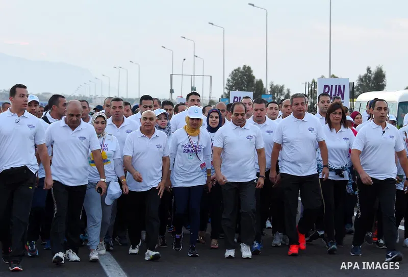 Egyptian President Abdel Fattah al-Sisi takes part during the Peace marathon in the Red Sea resort of Sharm Al-Sheikh, in the South Sinai governorate, south of Cairo, Egypt, on Oct. 26, 2016. Photo by Egyptian President...