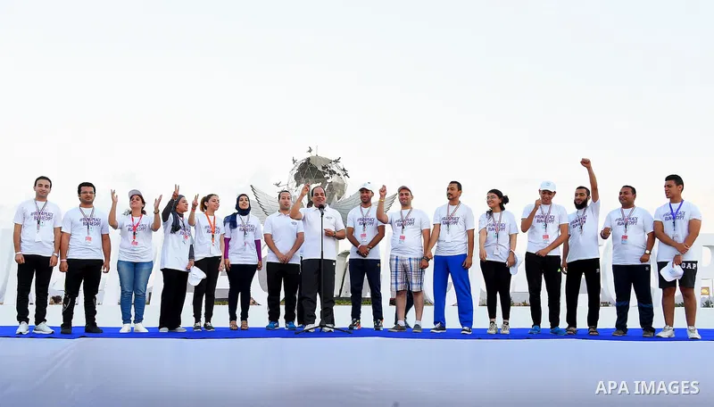 Egyptian President Abdel Fattah al-Sisi speaks during the Peace marathon in the Red Sea resort of Sharm Al-Sheikh, in the South Sinai governorate, south of Cairo, Egypt, on Oct. 26, 2016. Photo by Egyptian President Offi...