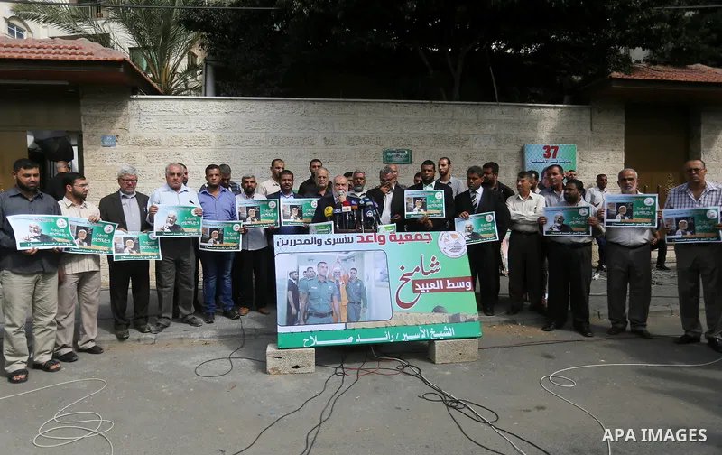 Deputy Speaker of the Legislative Council, Ahmed Bahar speaks during a protest to show solidarity with Leader of the northern Islamic Movement Sheikh Raed Salah who is in solitary confinement in Israeli jails in front of...