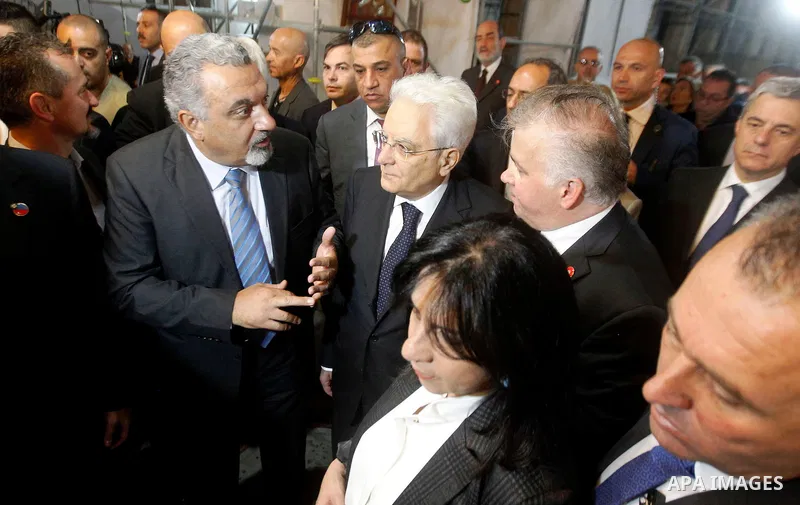 Italian President Sergio Mattarella visits the Church of the Nativity in the town of Bethlehem, the West Bank, on November 1, 2016. Photo by Wisam Hashlamoun
