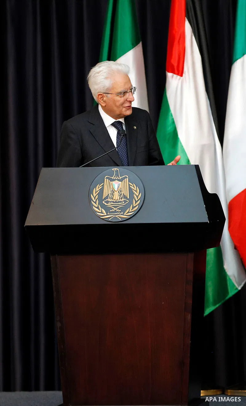 Italy's President Sergio Mattarella speaks during a joint news conference with Palestinian President Mahmoud Abbas in the West Bank city of Bethlehem November 1, 2016. Photo by Wisam Hashlamoun