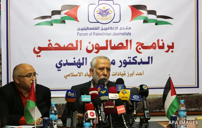Palestinian leader of the Islamic Jihad Movement, Mohammed El-Hendi speaks during a press conference, in Gaza city, on November 5, 2016. Photo by Mohammed Asad