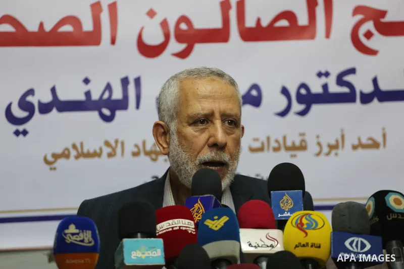 Palestinian leader of the Islamic Jihad Movement, Mohammed El-Hendi speaks during a press conference, in Gaza city, on November 5, 2016. Photo by Mohammed Asad