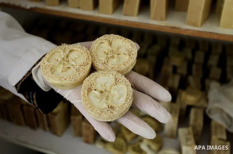 A Palestinian woman Howaida Abu yaqub ,40, prepares the natural soaps from natural raw materials olive oil, honey, goat's milk at her small workshop, in the West Bank city of Nablus, on November 7, 2016. Photo by Nedal E...