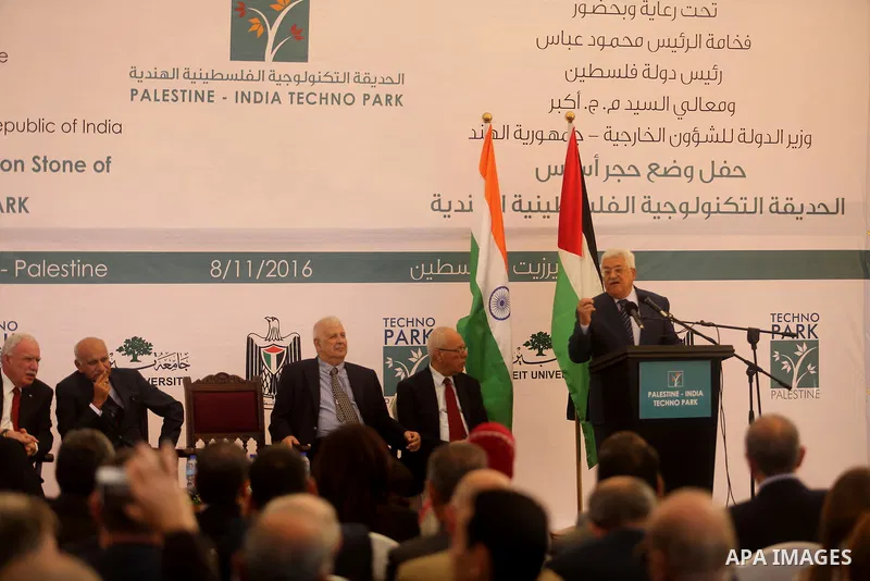 Palestinian President Mahmoud Abbas speaks during a ceremony of laying the foundation stone of Palestine-India Techno Park, near the West Bank city of Ramallah November 8, 2016. Photo by Shadi Hatem