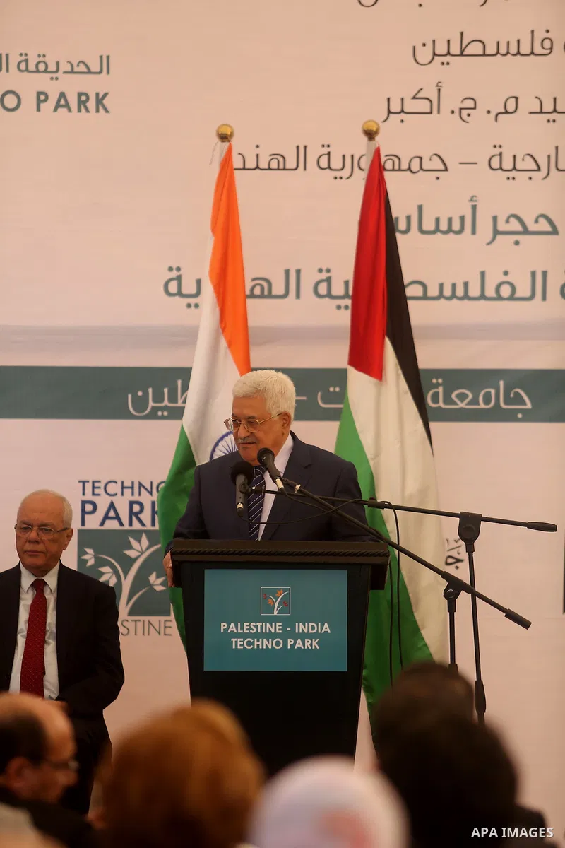 Palestinian President Mahmoud Abbas speaks during a ceremony of laying the foundation stone of Palestine-India Techno Park, near the West Bank city of Ramallah November 8, 2016. Photo by Shadi Hatem