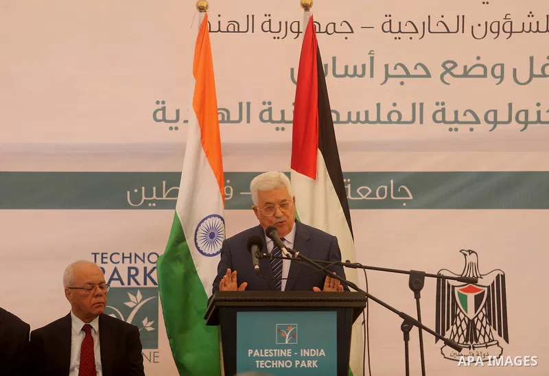 Palestinian President Mahmoud Abbas speaks during a ceremony of laying the foundation stone of Palestine-India Techno Park, near the West Bank city of Ramallah November 8, 2016. Photo by Shadi Hatem