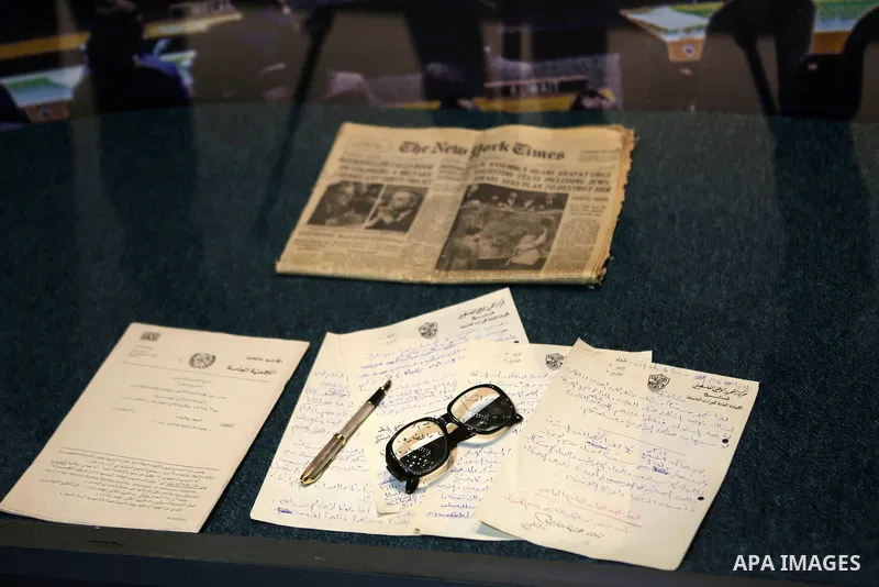 A picture shows Yasser Arafat's Prescription eyeglasses at the late Palestinian leader Yasser Arafat's Museum in the West Bank city of Ramallah on November 9, 2016. The Yasser Arafat Museum opened in Ramallah, shedding l...