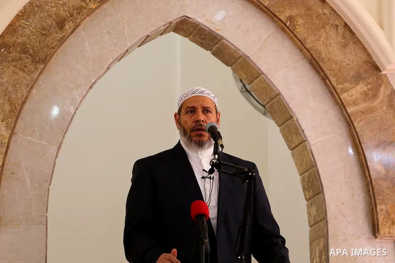 Senior Hamas leader Khalil al-Hayah attends Friday prayers at al- Aeshlah mosque which was destroyed during the 50-day war between Israel and Hamas militants in the summer of 2014, in Shajaiyeh neighborhood in Gaza city,...
