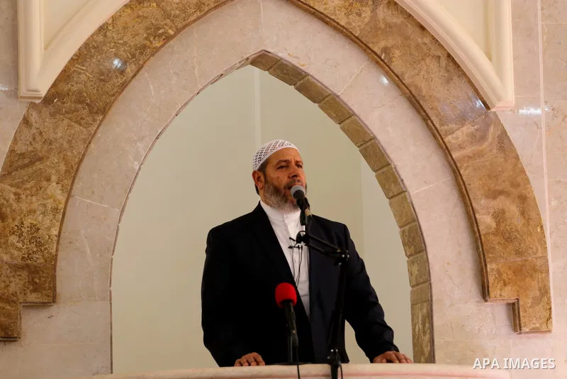 Senior Hamas leader Khalil al-Hayah attends Friday prayers at al- Aeshlah mosque which was destroyed during the 50-day war between Israel and Hamas militants in the summer of 2014, in Shajaiyeh neighborhood in Gaza city,...