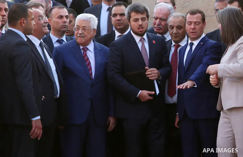 Palestinian President Mahmoud Abbas and Russian Prime Minister Dmitry Medvedev visit the Hisham's Palace archaeological site on November 11, 2016 five kilometres north of the West Bank city of Jericho.. Photo by Shadi Ha...