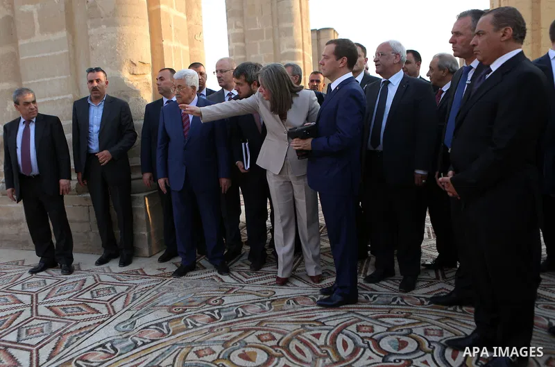 Palestinian President Mahmoud Abbas and Russian Prime Minister Dmitry Medvedev visit the Hisham's Palace archaeological site on November 11, 2016 five kilometres north of the West Bank city of Jericho.. Photo by Shadi Ha...