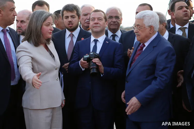 Palestinian President Mahmoud Abbas and Russian Prime Minister Dmitry Medvedev visit the Hisham's Palace archaeological site on November 11, 2016 five kilometres north of the West Bank city of Jericho.. Photo by Shadi Ha...