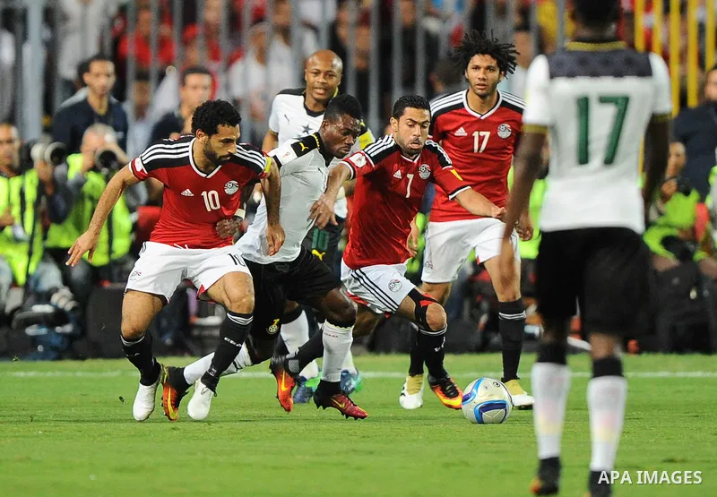 Egypt v Ghana compete during the 2018 World Cup qualifying Group E football match between Egypt and Ghana at the Borg el-Arab Stadium near Alexandria on November 13, 2016. Photo by Stringer