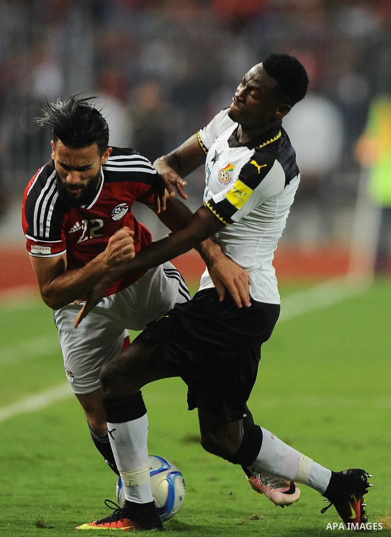 Egypt v Ghana compete during the 2018 World Cup qualifying Group E football match between Egypt and Ghana at the Borg el-Arab Stadium near Alexandria on November 13, 2016. Photo by Stringer