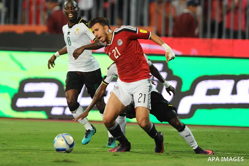 Egypt v Ghana compete during the 2018 World Cup qualifying Group E football match between Egypt and Ghana at the Borg el-Arab Stadium near Alexandria on November 13, 2016. Photo by Stringer