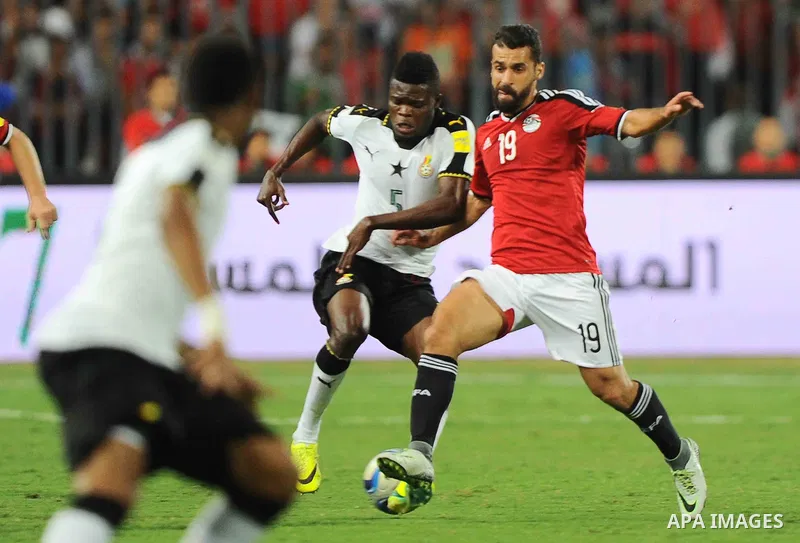 Egypt v Ghana compete during the 2018 World Cup qualifying Group E football match between Egypt and Ghana at the Borg el-Arab Stadium near Alexandria on November 13, 2016. Photo by Stringer