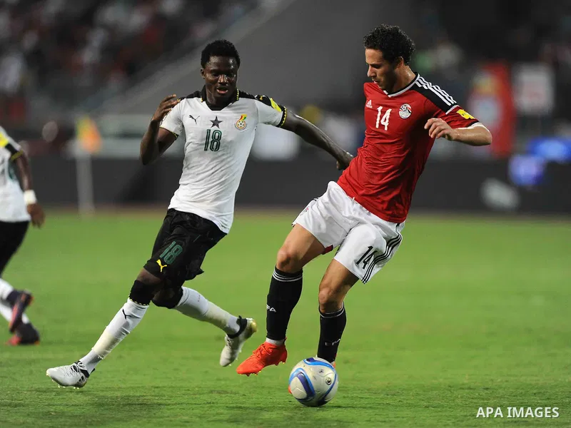 Egypt v Ghana compete during the 2018 World Cup qualifying Group E football match between Egypt and Ghana at the Borg el-Arab Stadium near Alexandria on November 13, 2016. Photo by Stringer