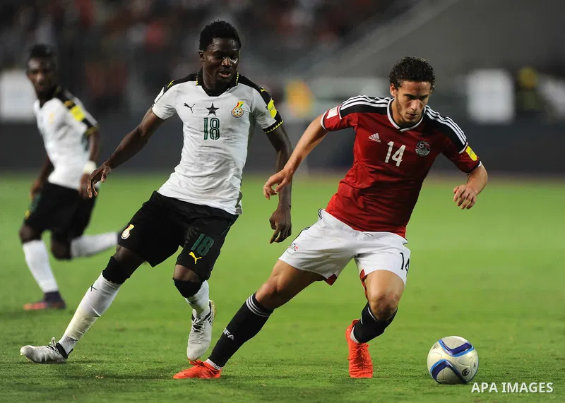 Egypt v Ghana compete during the 2018 World Cup qualifying Group E football match between Egypt and Ghana at the Borg el-Arab Stadium near Alexandria on November 13, 2016. Photo by Stringer