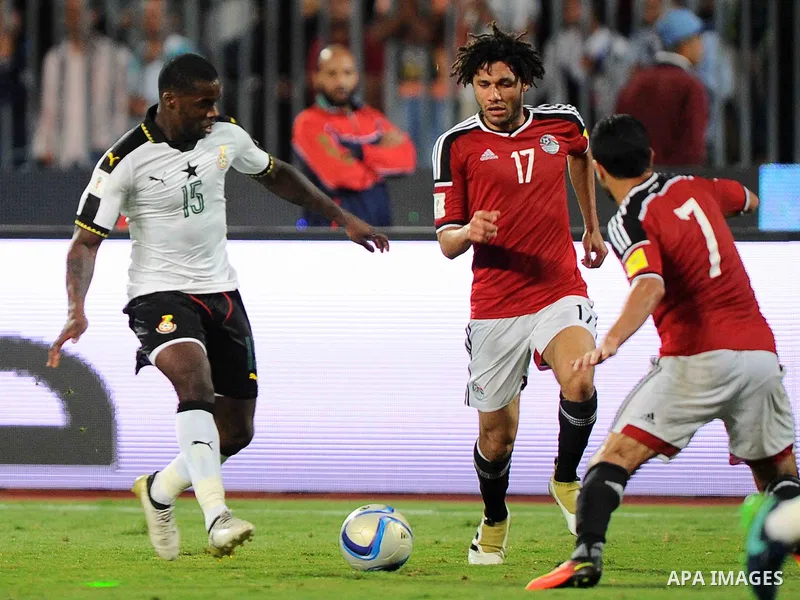 Egypt v Ghana compete during the 2018 World Cup qualifying Group E football match between Egypt and Ghana at the Borg el-Arab Stadium near Alexandria on November 13, 2016. Photo by Stringer