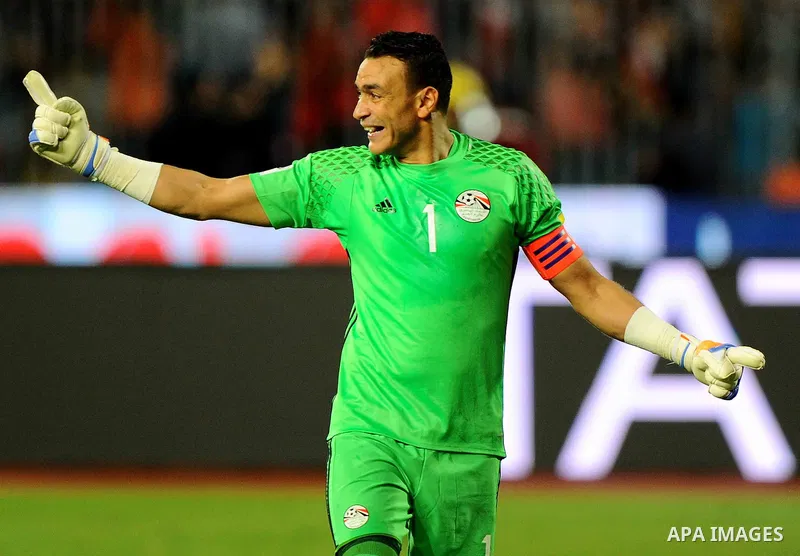 Essam el-Hadary celebrates after Egypt scored a goal during the 2018 World Cup qualifying Group E football match between Egypt and Ghana at the Borg el-Arab Stadium near Alexandria on November 13, 2016. Photo by Stringer