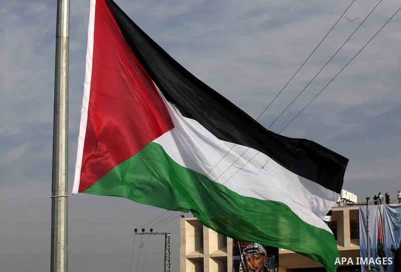 Palestinians watch the raising of a Palestinian flag during a rally marking the Palestinian Declaration of Independence in 1988, in the West Bank city of Tulkarm November 14, 2016. Photo by Nedal Eshtayah