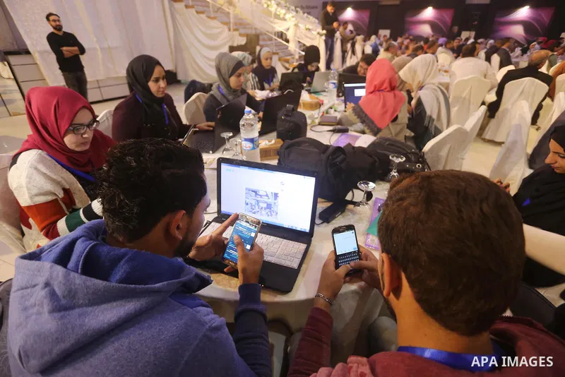 Palestinian members of the Independent Commission for Human Rights, take part in the press conference about the "right to housing and the reconstruction of the Gaza Strip, in Gaza City, on November 17, 2016. Photo by Moh...