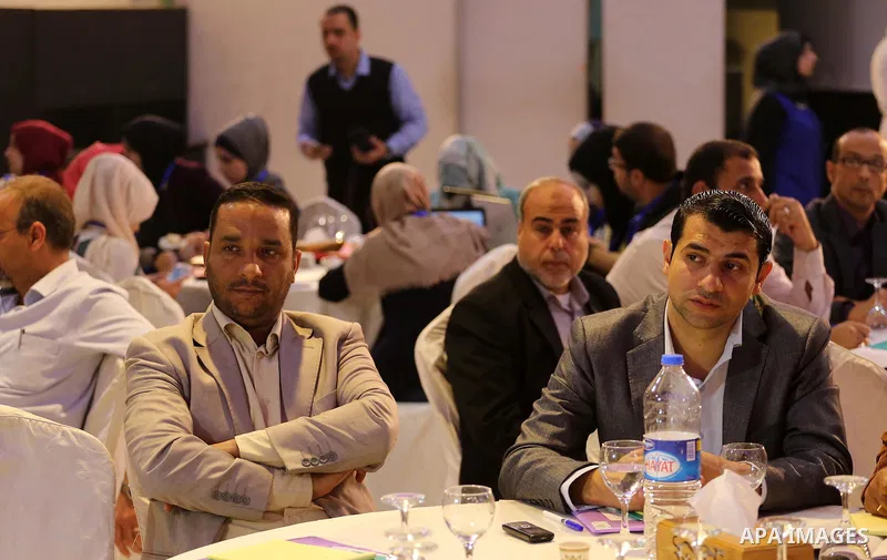 Palestinian members of the Independent Commission for Human Rights, take part in the press conference about the "right to housing and the reconstruction of the Gaza Strip, in Gaza City, on November 17, 2016. Photo by Moh...
