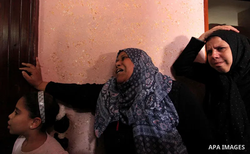 Relatives of Mohammed Abu Saada, a 26-year-old Palestinian man who was reportedly killed in clashes with the Israeli army along the Gaza border, mourn during his funeral in the Nuseirat refugee camp in the central Gaza S...