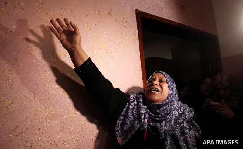 Relatives of Mohammed Abu Saada, a 26-year-old Palestinian man who was reportedly killed in clashes with the Israeli army along the Gaza border, mourn during his funeral in the Nuseirat refugee camp in the central Gaza S...