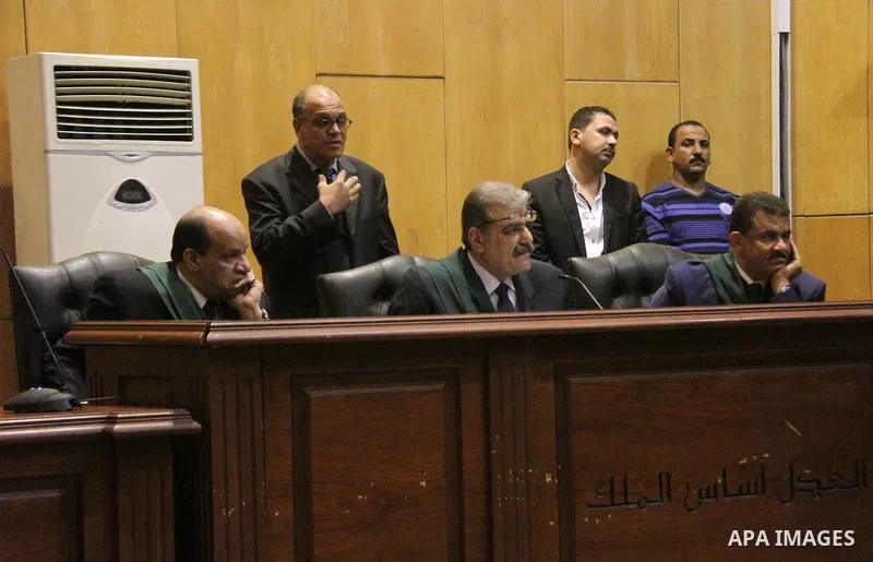 Judges attend the trial of Alaa and Gamal Mubarak, the sons of former former president Hosni Mubarak in Cairo on November 19, 2016. Cairo Criminal Court held at Police Academy adjourned Gamal and Alaa Mubarak trial in ''...